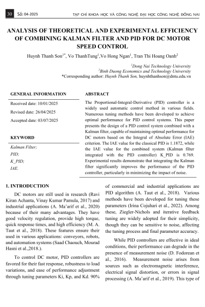 Phân tích hiệu quả lý thuyết và thực nghiệm của việc kết hợp bộ lọc Kalman và PID để điều khiển tốc độ động cơ DC.
