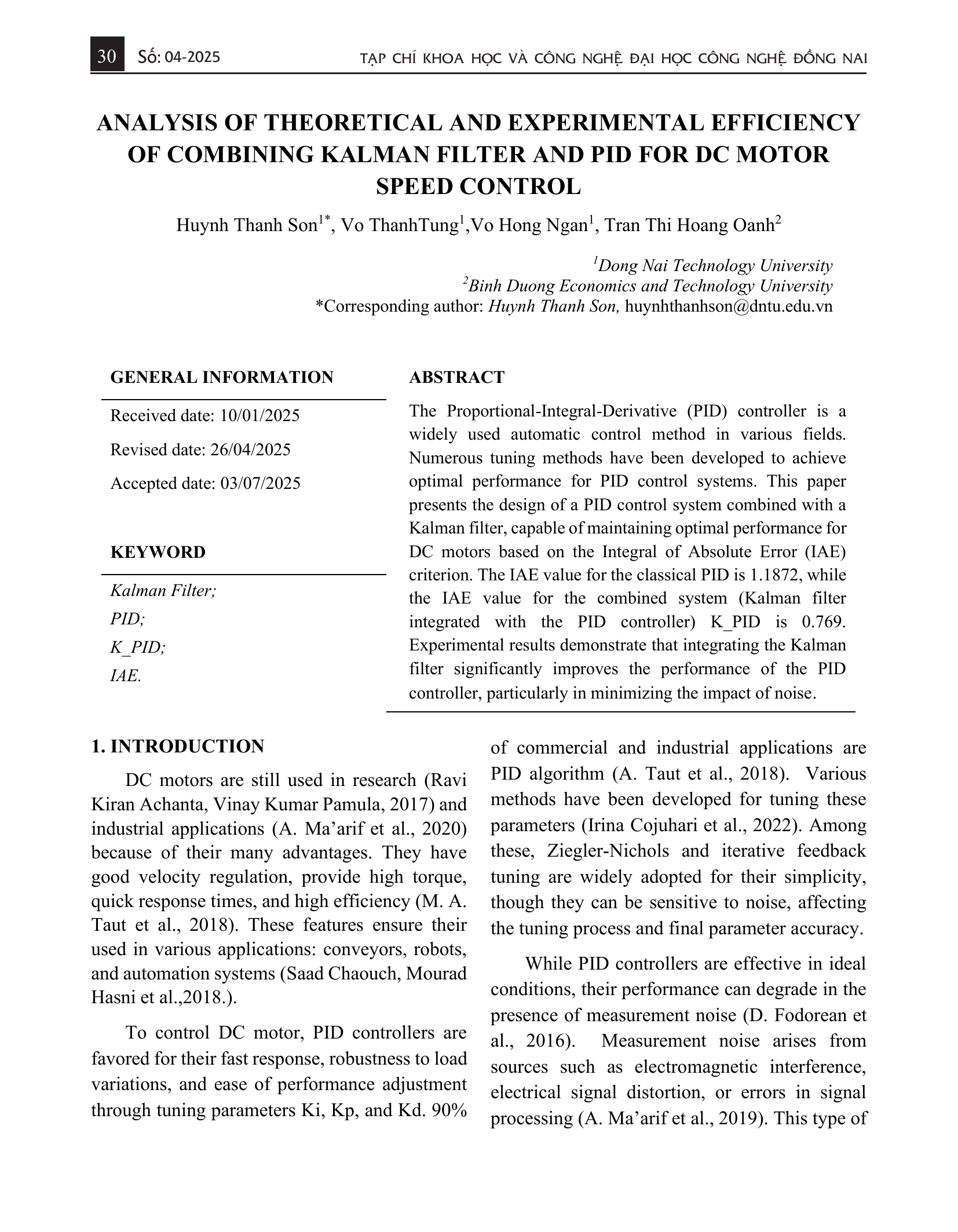 Phân tích hiệu quả lý thuyết và thực nghiệm của việc kết hợp bộ lọc Kalman và PID để điều khiển tốc độ động cơ DC.