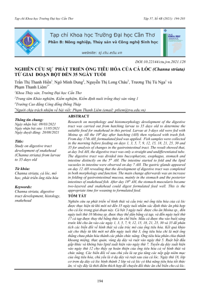 Nghiên cứu sự phát triển ống tiêu hóa của cá lóc (Channa striata) từ giai đoạn bột đến 35 ngày tuổi