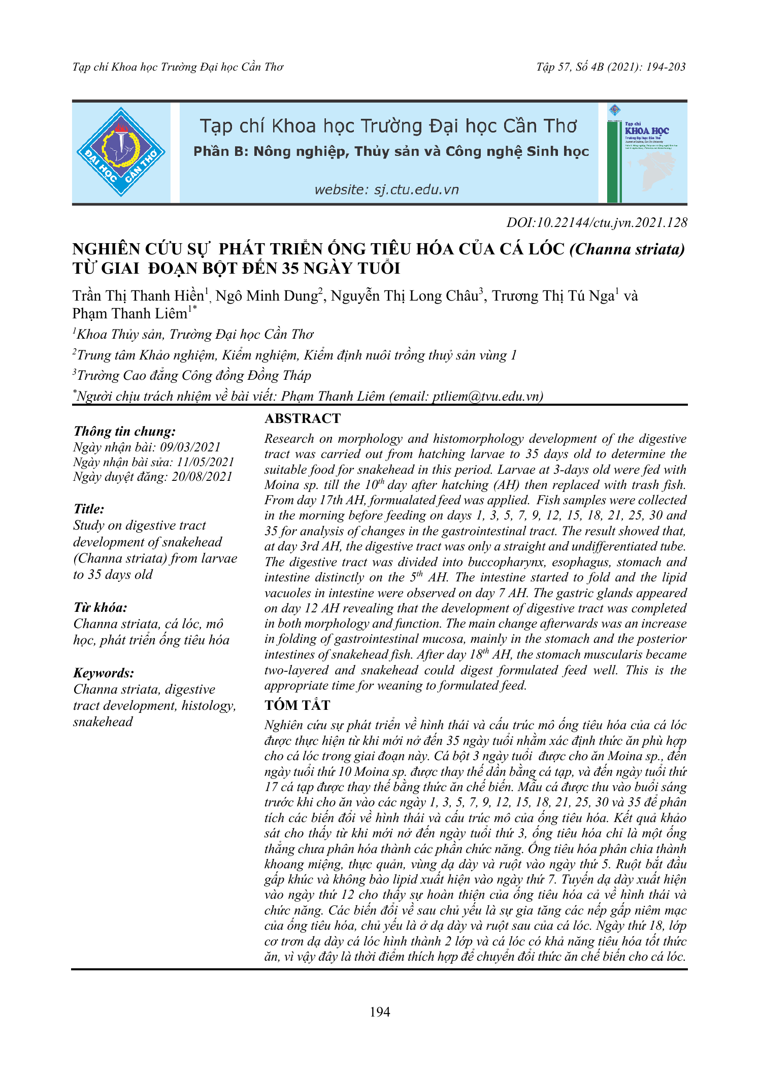 Nghiên cứu sự phát triển ống tiêu hóa của cá lóc (Channa striata) từ giai đoạn bột đến 35 ngày tuổi