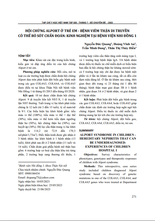 Hội chứng Alport ở trẻ em - bệnh viêm thận di truyền có thể bỏ sót chẩn đoán: Kinh nghiệm tại Bệnh viện Nhi Đồng 1