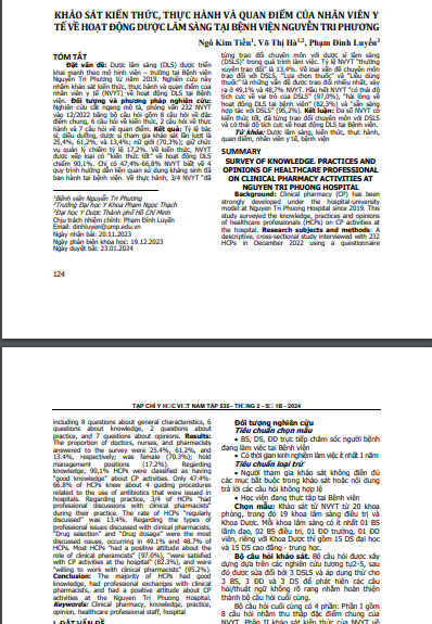 Khảo sát kiến thức, thực hành và quan điểm của nhân viên y tế về hoạt động dược lâm sàng tại Bệnh viện Nguyễn Tri Phương