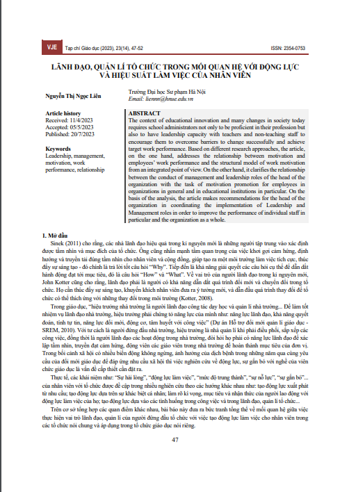 Lãnh đạo, quản lí tổ chức trong mối quan hệ với động lực và hiệu suất làm việc của nhân viên