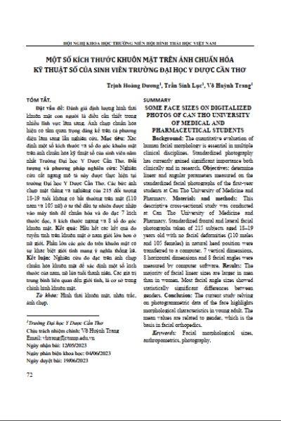 Một số kích thước khuôn mặt trên ảnh chuẩn hóa kỹ thuật số của sinh viên trường Đại học Y Dược Cần Thơ