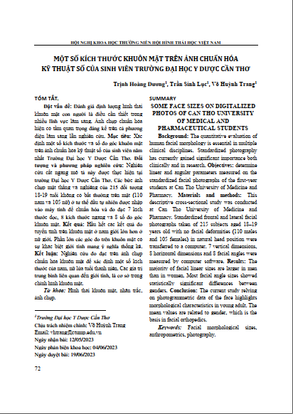 Một số kích thước khuôn mặt trên ảnh chuẩn hóa kỹ thuật số của sinh viên trường Đại học Y Dược Cần Thơ