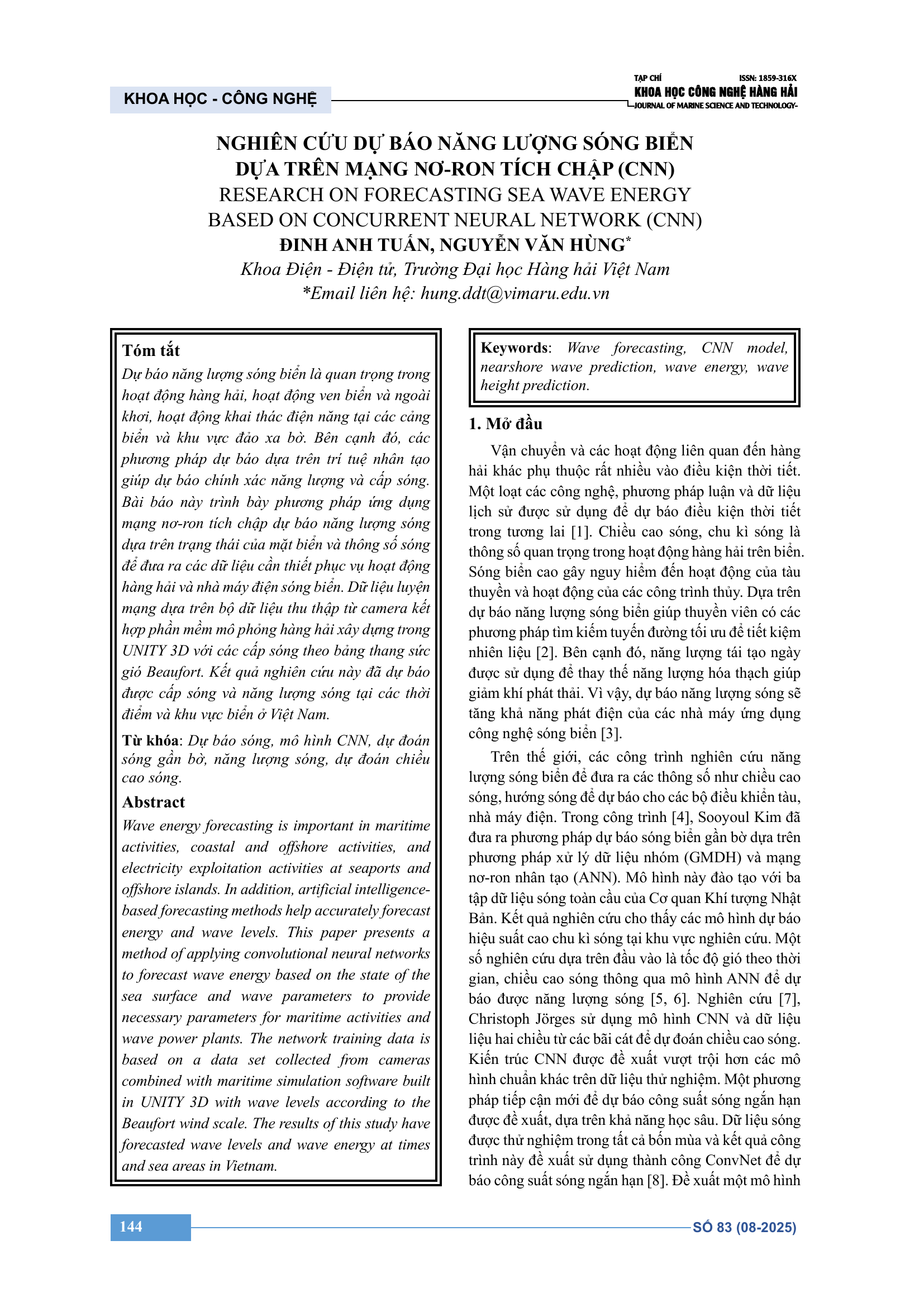 Nghiên cứu dự báo năng lượng sóng biển dựa trên mạng nơ-ron tích chập (CNN)
