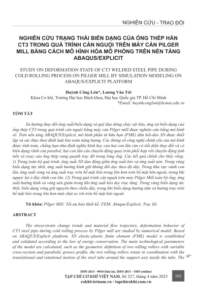Nghiên cứu trạng thái biến dạng của ống thép hàn CT3 trong quá trình cán nguội trên máy cán Pilger Mill bằng cách mô hình hóa mô phỏng trên nền tảng Abaqus/Explicit