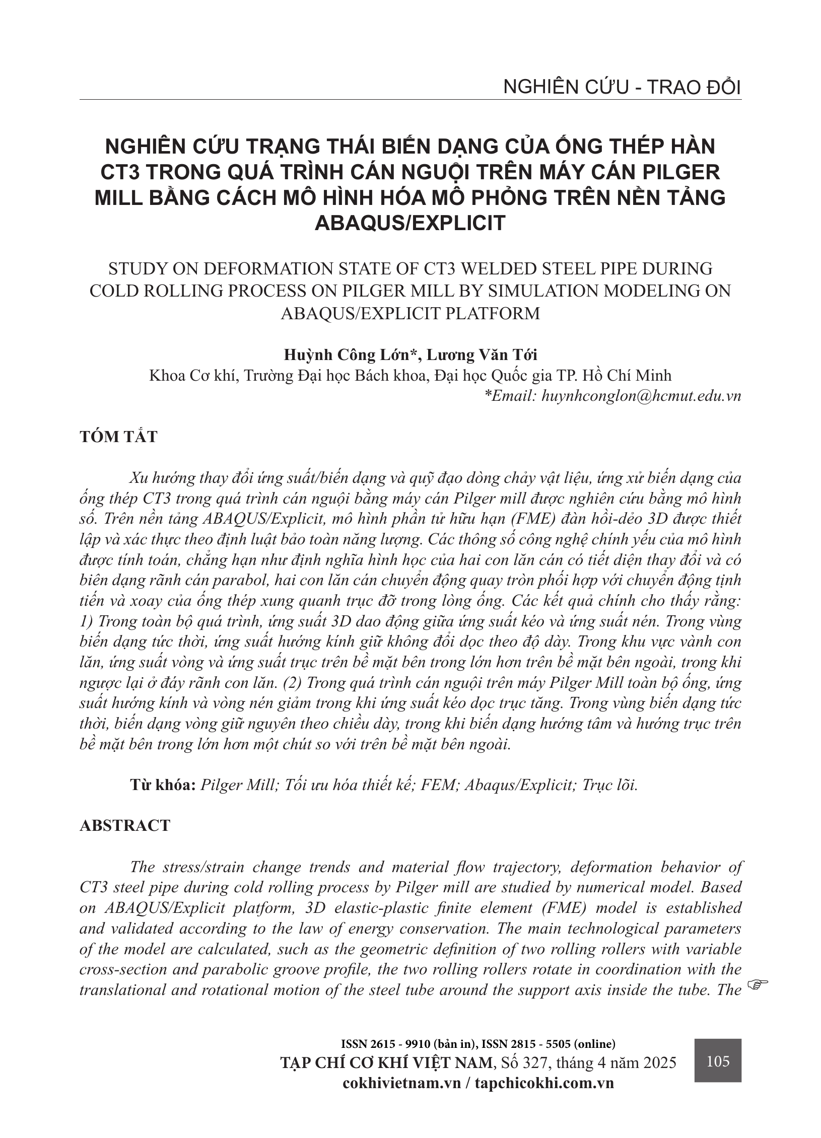 Nghiên cứu trạng thái biến dạng của ống thép hàn CT3 trong quá trình cán nguội trên máy cán Pilger Mill bằng cách mô hình hóa mô phỏng trên nền tảng Abaqus/Explicit