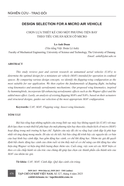 Chọn lựa thiết kế cho một phương tiện bay theo tiêu chuẩn kích cỡ micro