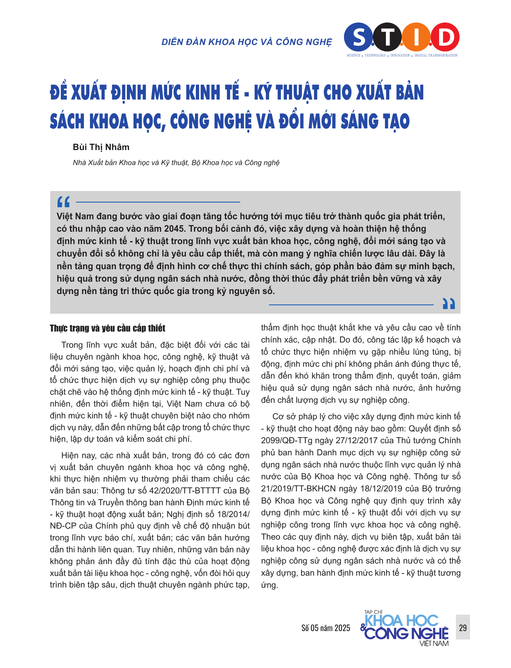 Đề xuất định mức kinh tế – kỹ thuật cho xuất bản sách khoa học, công nghệ và đổi mới sáng tạo