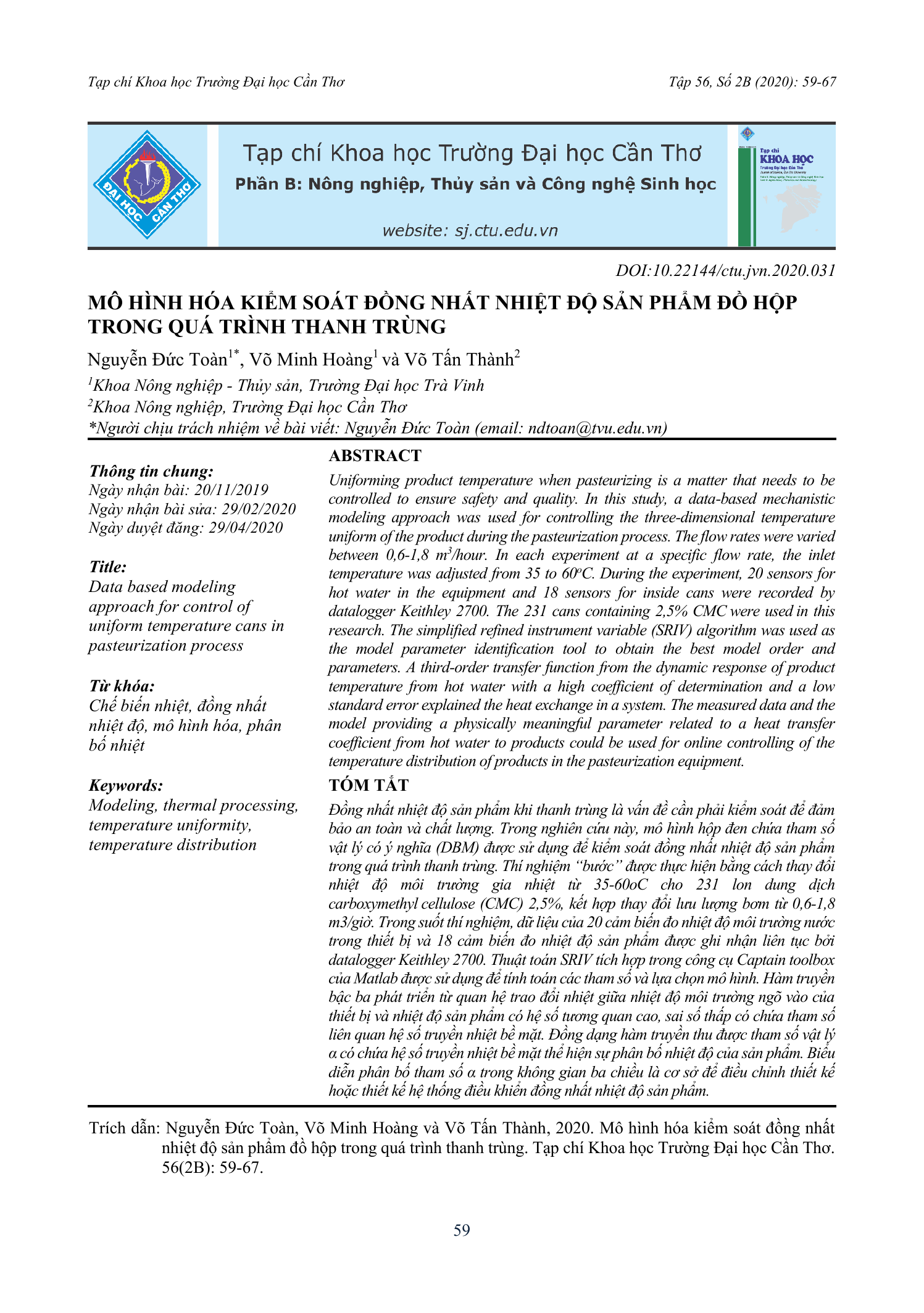 Mô hình hóa kiểm soát đồng nhất nhiệt độ sản phẩm đồ hộp trong quá trình thanh trùng