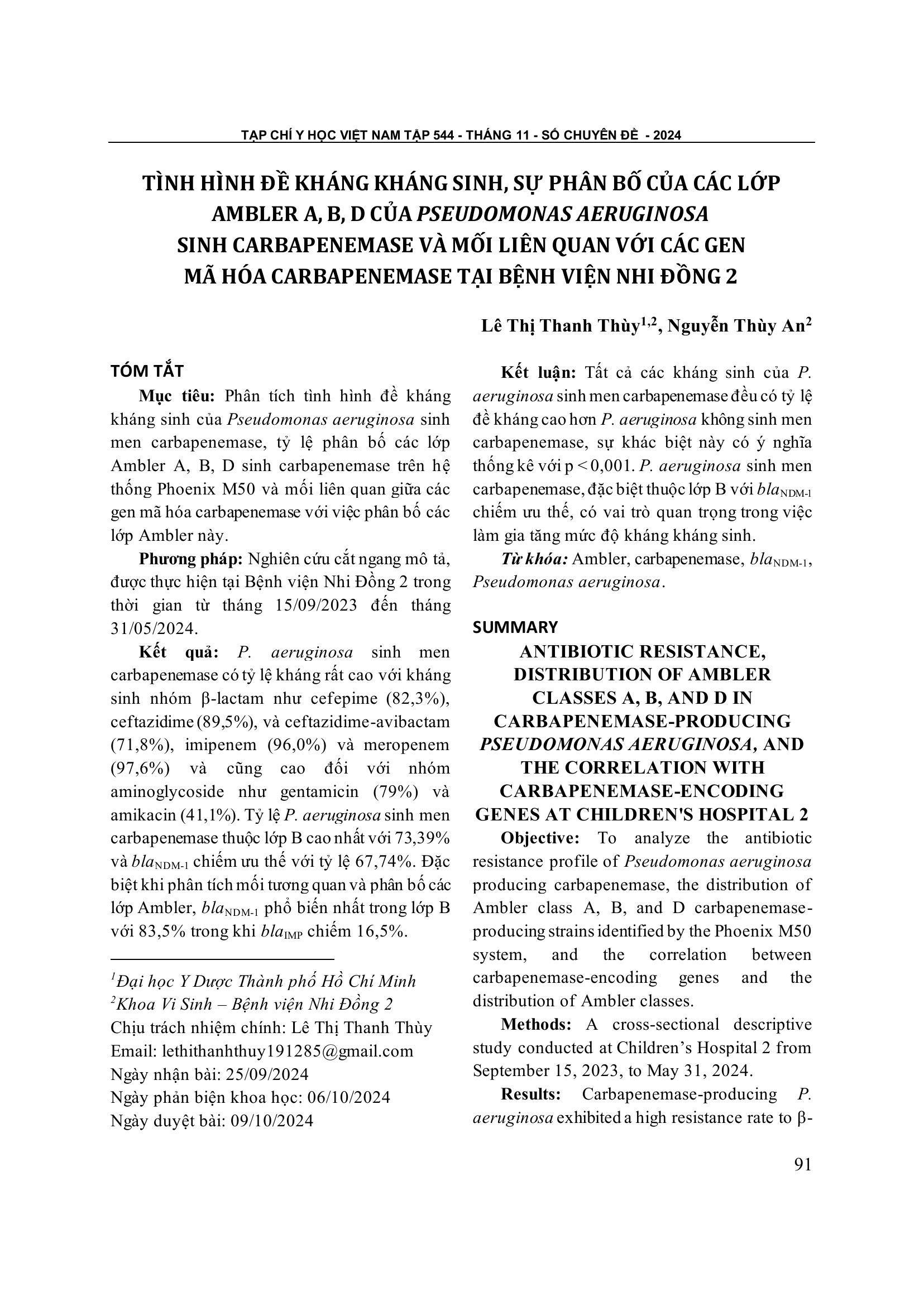 Tình hình đề kháng kháng sinh, sự phân bố của các lớp Ambler A, B, D của Pseudomonas aeruginosa sinh carbapenemase và mối liên quan với các gen mã hóa carbapenemase tại Bệnh viện Nhi Đồng 2