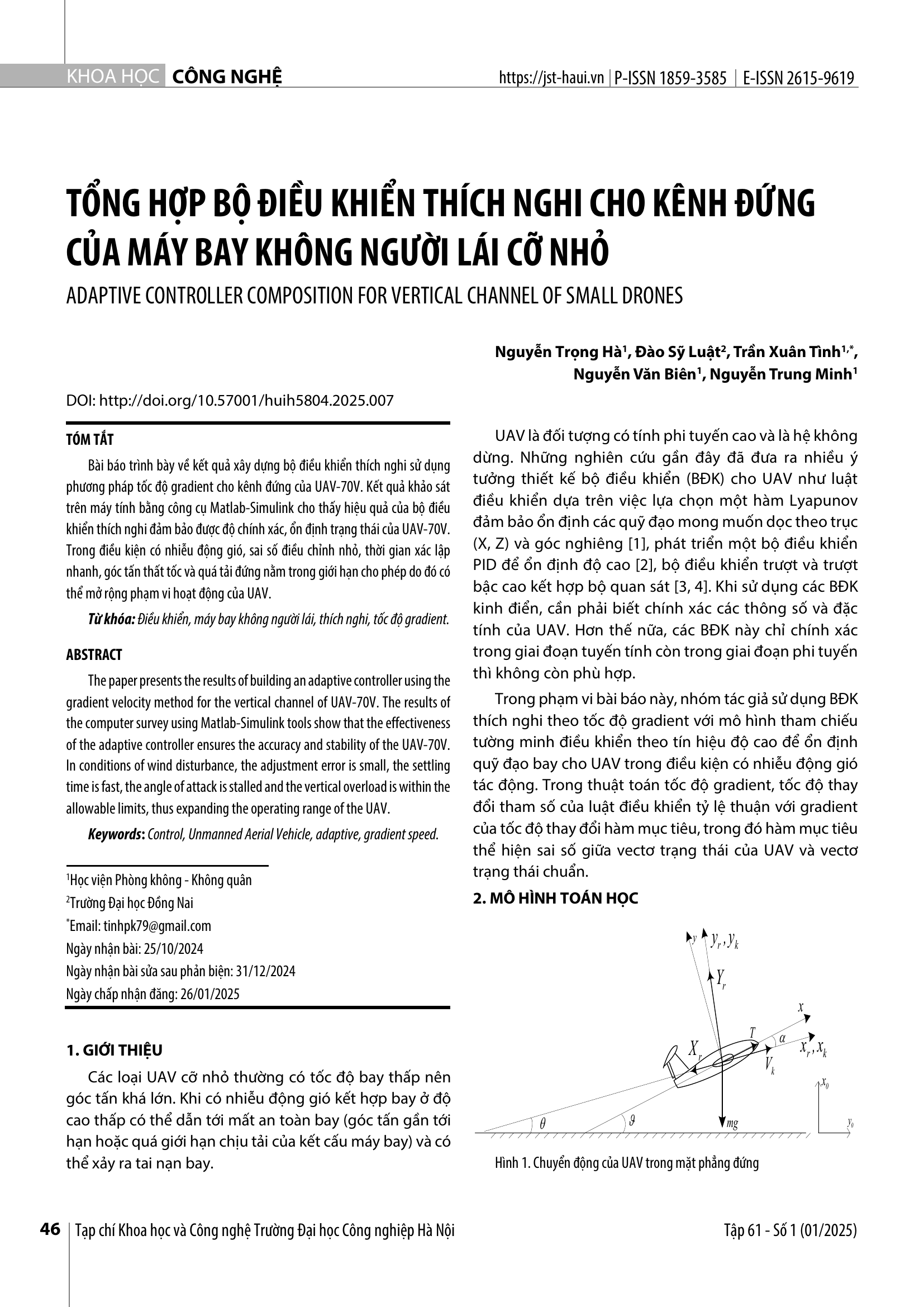 Tổng hợp bộ điều khiển thích nghi cho kênh đứng của máy bay không người lái cỡ nhỏ