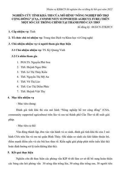 Nghiên cứu tính khả thi của mô hình “Nông nghiệp hỗ trợ cộng đồng” (CSA, Community Supported Agriculture) trên một số cây trồng chính tại thành phố Cần Thơ (2022)