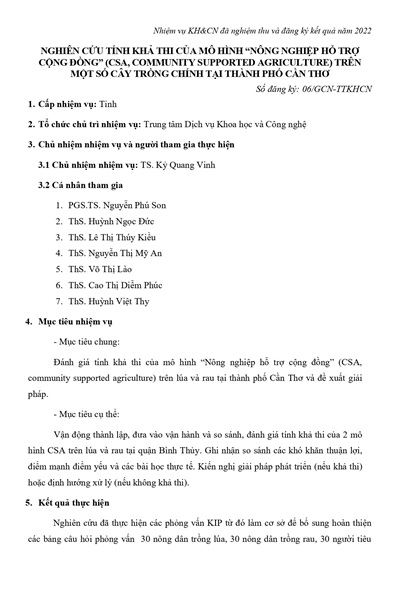 Nghiên cứu tính khả thi của mô hình “Nông nghiệp hỗ trợ cộng đồng” (CSA, Community Supported Agriculture) trên một số cây trồng chính tại thành phố Cần Thơ (2022)