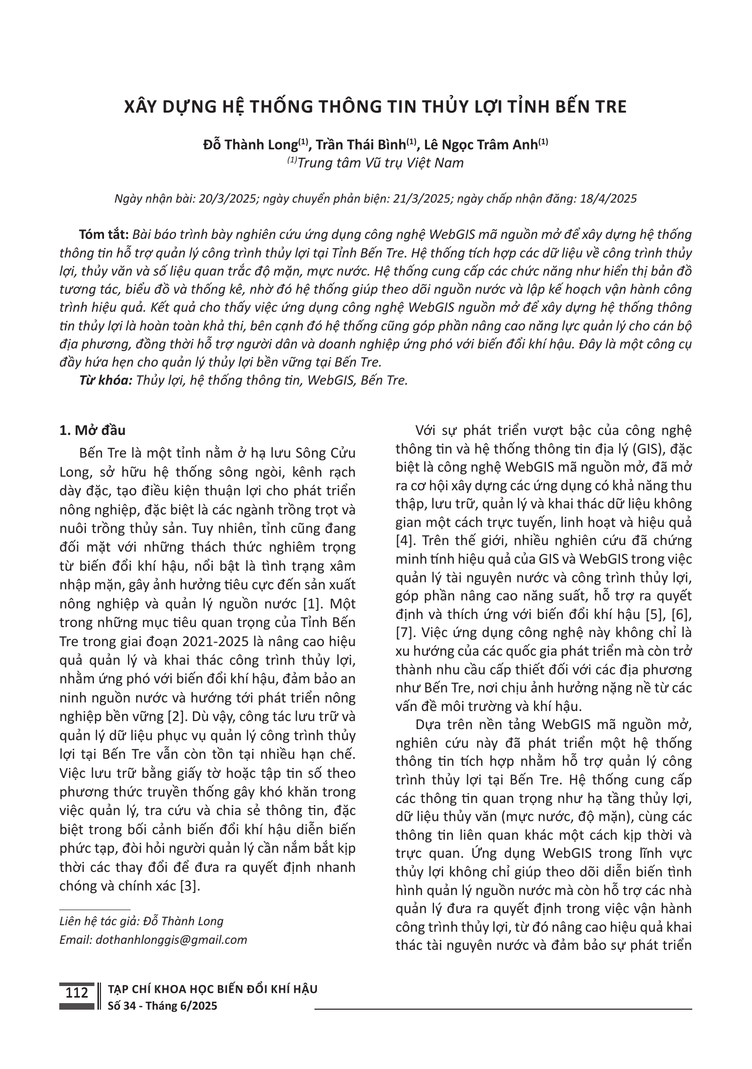 Xây dựng hệ thống thông tin thủy lợi tỉnh Bến Tre