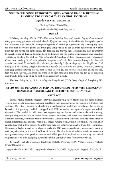 Nghiên cứu động lực học xe tải quay vòng có trang bị hệ thống phanh hỗ trợ khẩn cấp và phân phối lực phanh