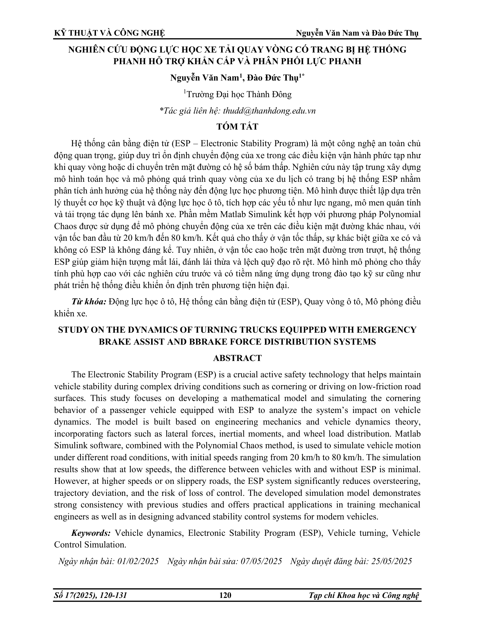 Nghiên cứu động lực học xe tải quay vòng có trang bị hệ thống phanh hỗ trợ khẩn cấp và phân phối lực phanh