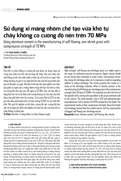 Sử dụng xi măng nhôm chế tạo vữa khô tự chảy không co cường độ nén trên 70 MPa