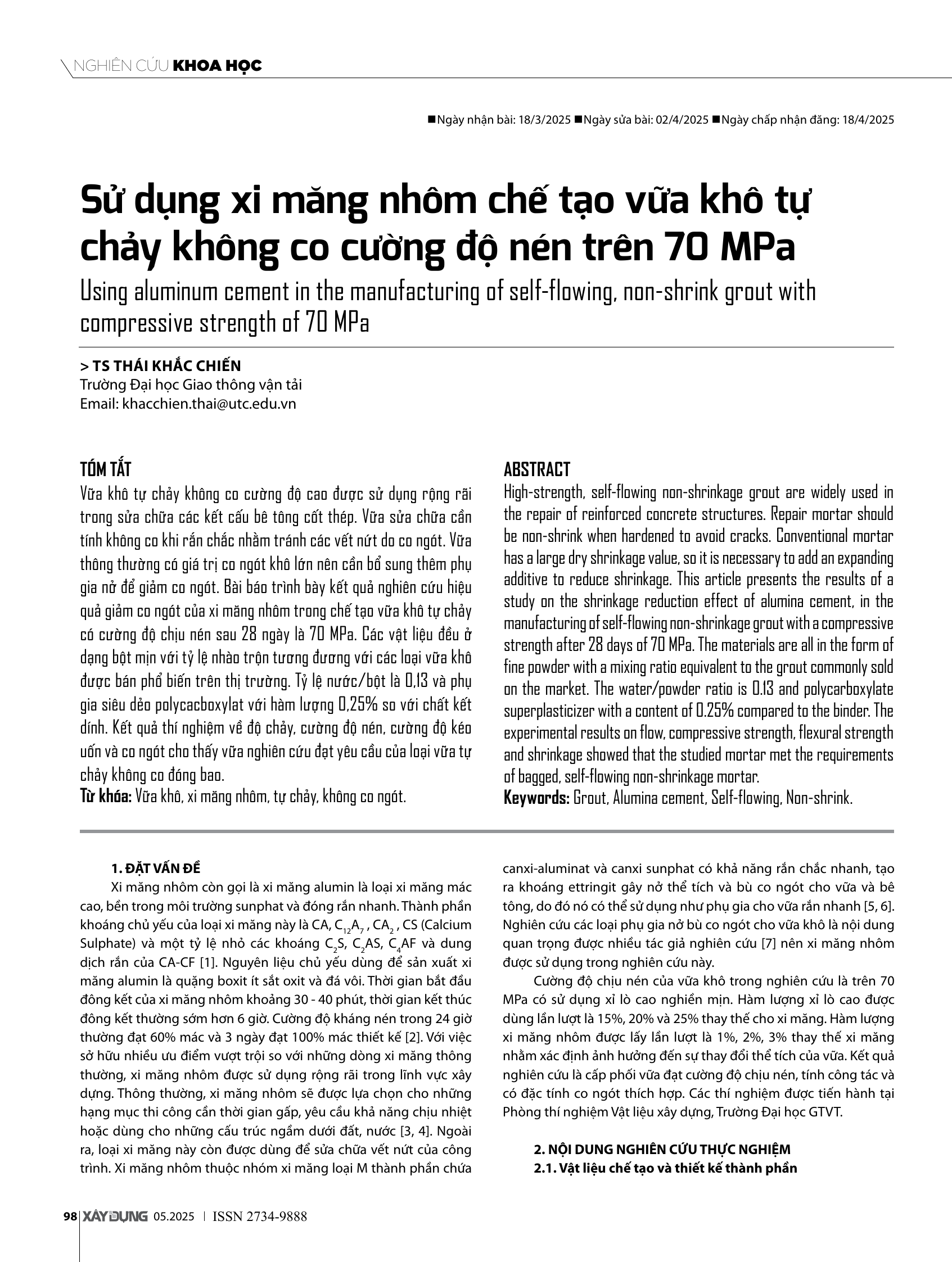Sử dụng xi măng nhôm chế tạo vữa khô tự chảy không co cường độ nén trên 70 MPa