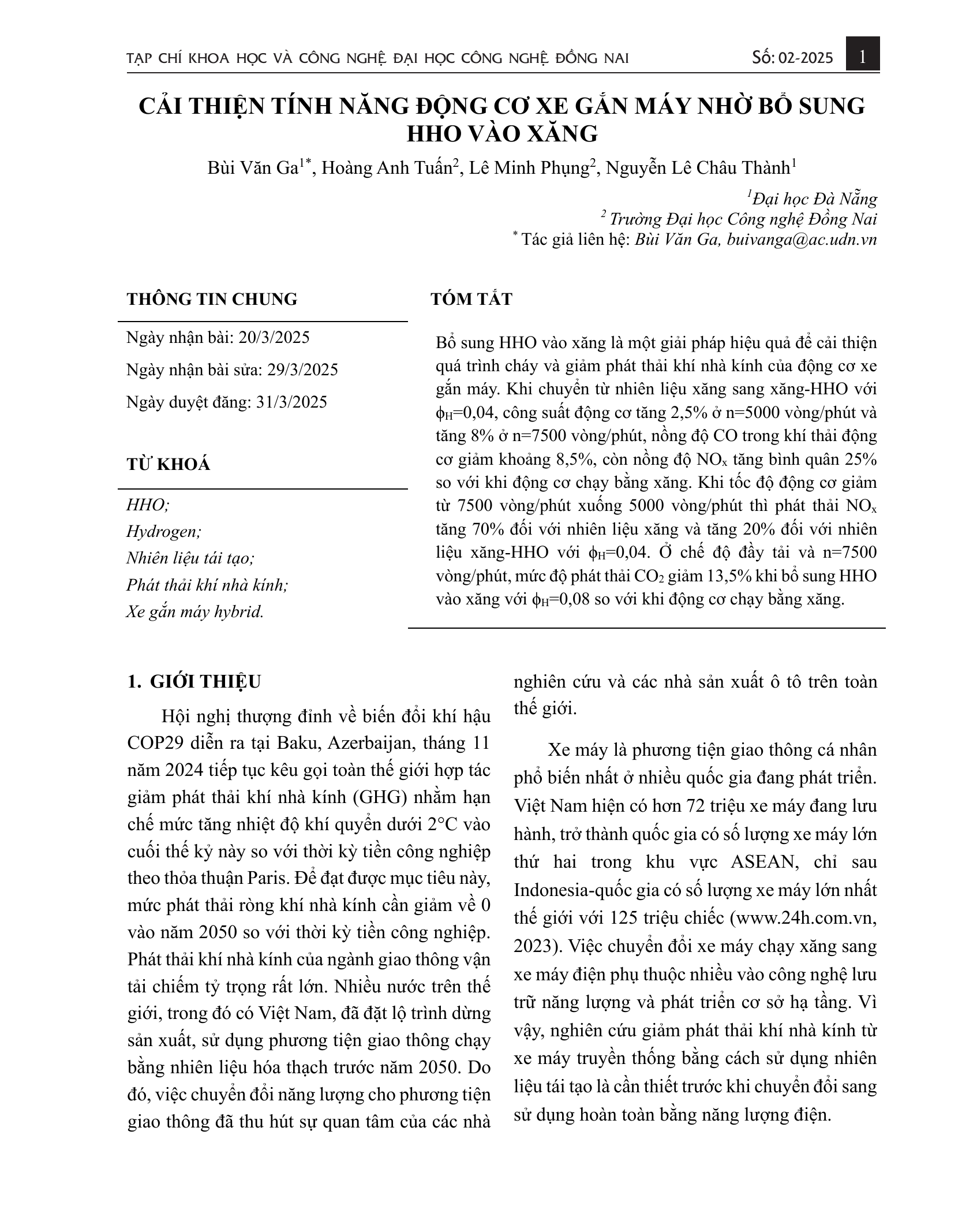 Cải thiện tính năng động cơ xe gắn máy nhờ bổ sung HHO vào xăng
