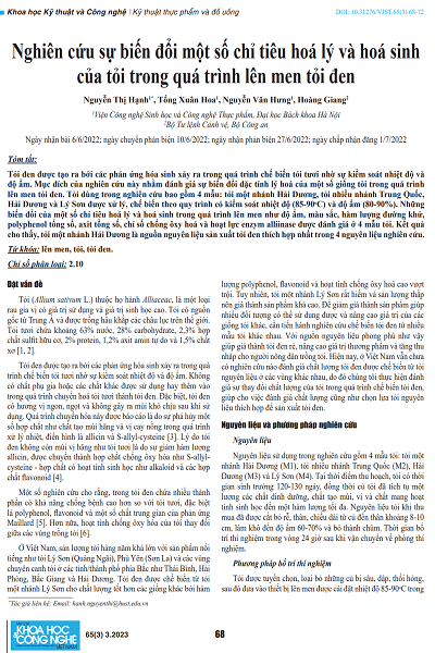 Nghiên cứu sự biến đổi một số chỉ tiêu hoá lý và hoá sinh của tỏi trong quá trình lên men tỏi đen