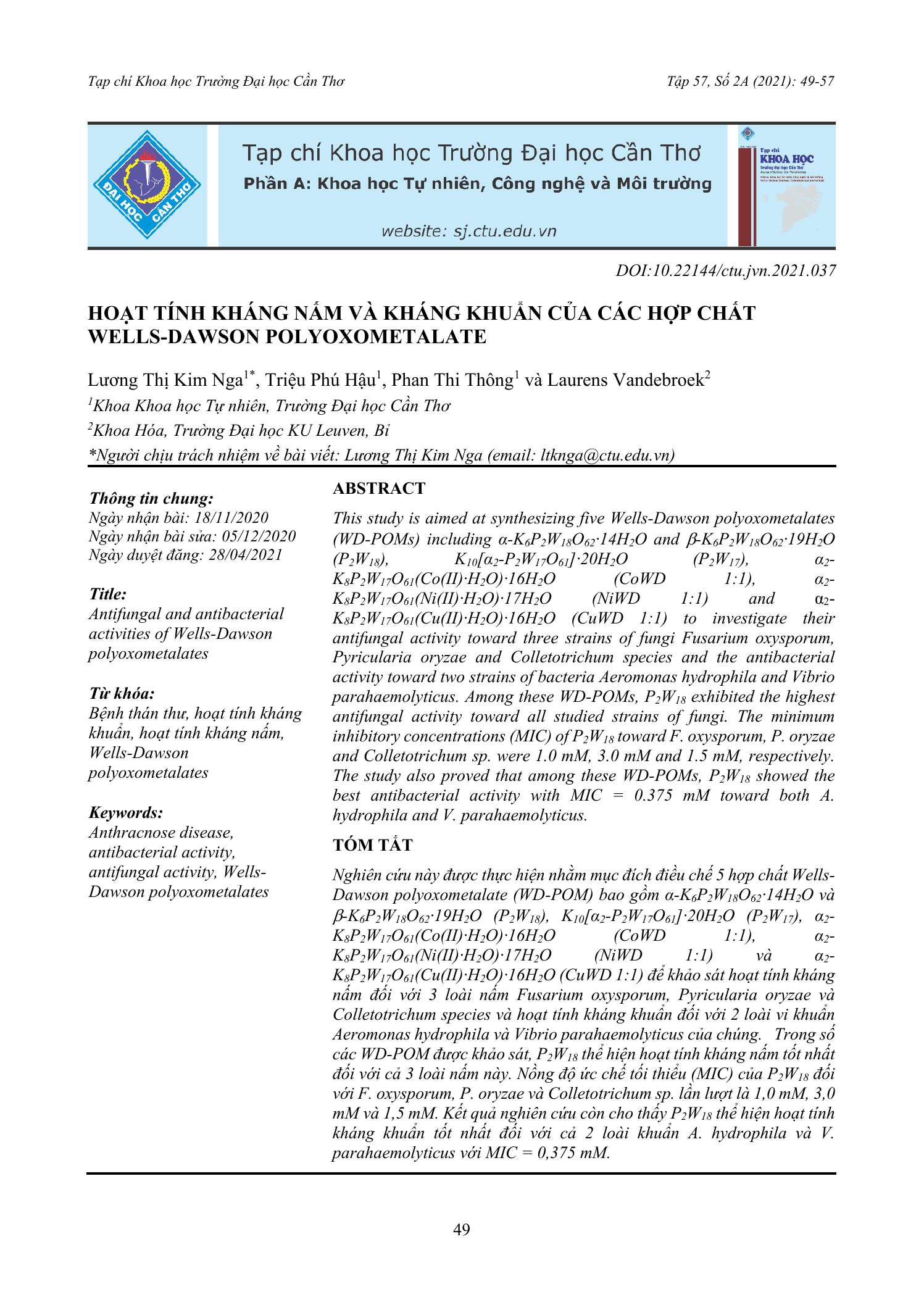 Hoạt tính kháng nấm và kháng khuẩn của các hợp chất Wells-Dawson polyoxometalate