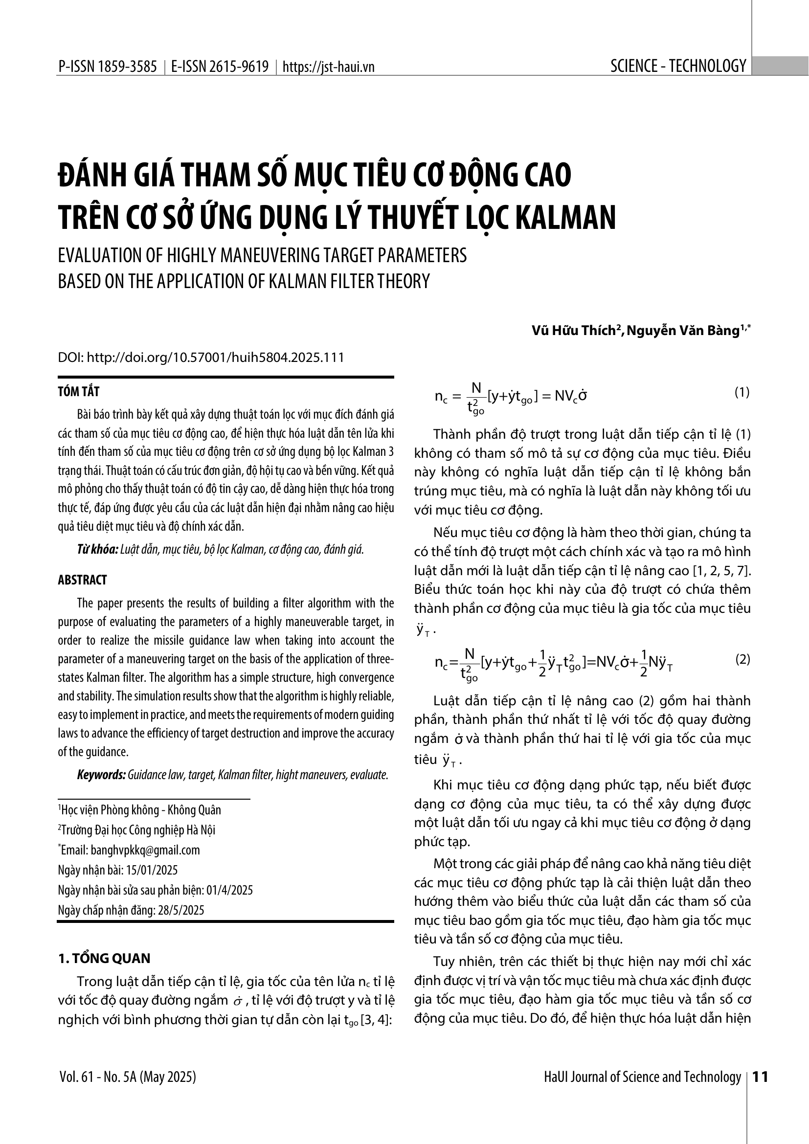 Đánh giá tham số mục tiêu cơ động cao trên cơ sở ứng dụng lý thuyết lọc Kalman