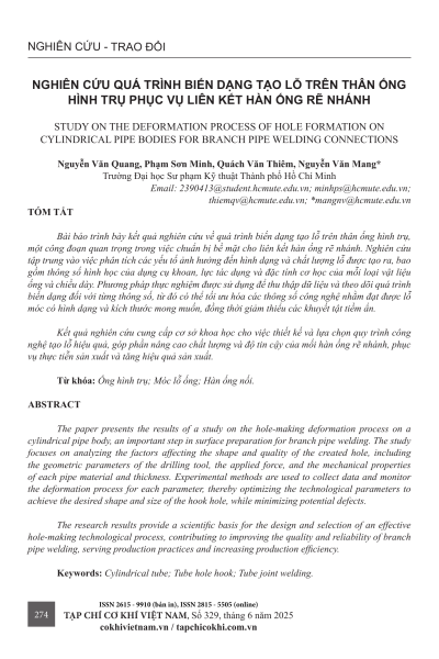 Nghiên cứu quá trình biến dạng tạo lỗ trên thân ống hình trụ phục vụ liên kết hàn ống rẽ nhánh