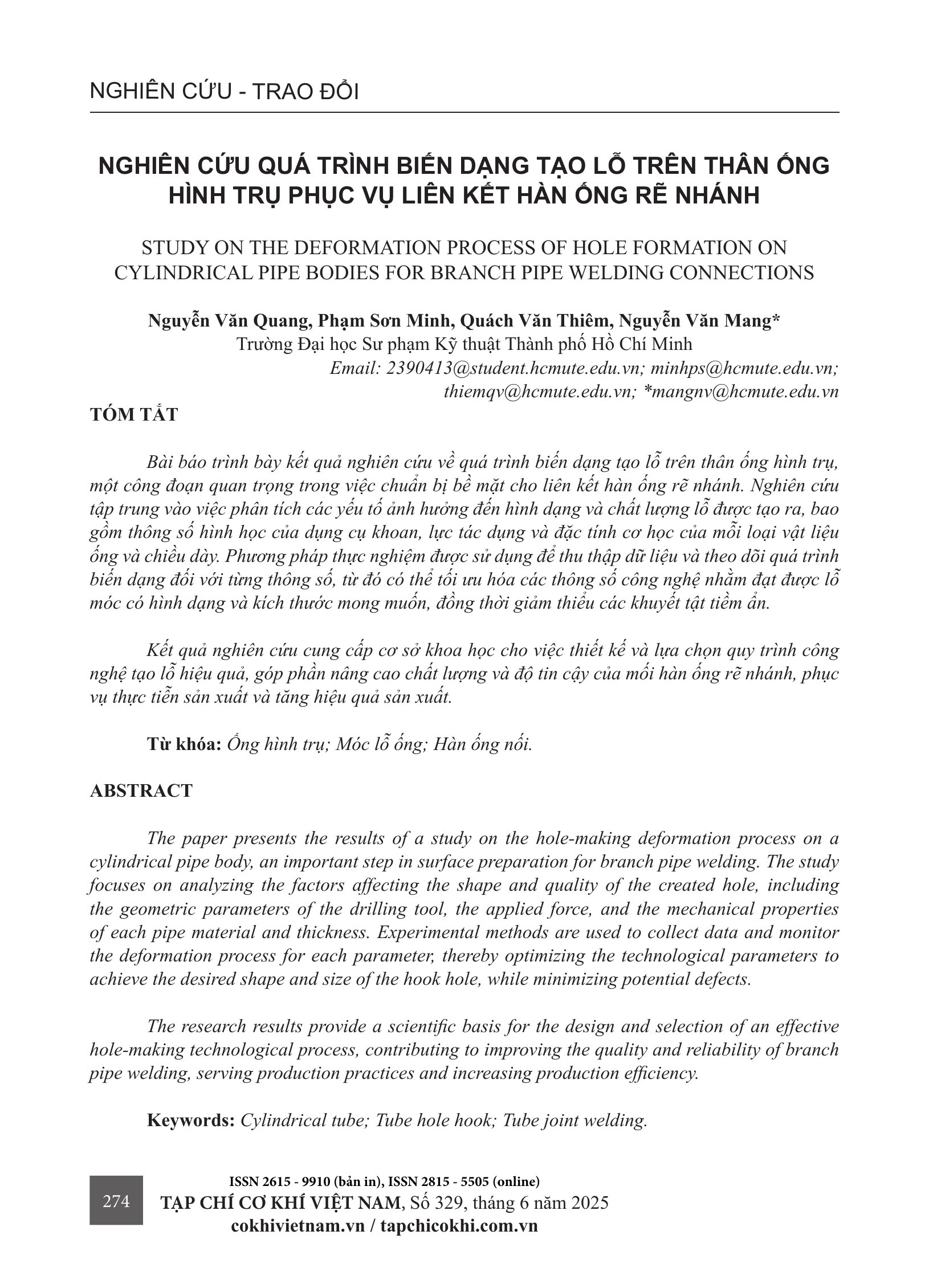Nghiên cứu quá trình biến dạng tạo lỗ trên thân ống hình trụ phục vụ liên kết hàn ống rẽ nhánh