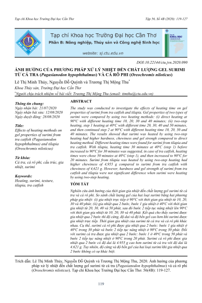 Ảnh hưởng của phương pháp xử lý nhiệt đến chất lượng gel surimi từ cá tra (Pangasianodon hypophthalmus) và cá rô phi (Oreochromis niloticus)