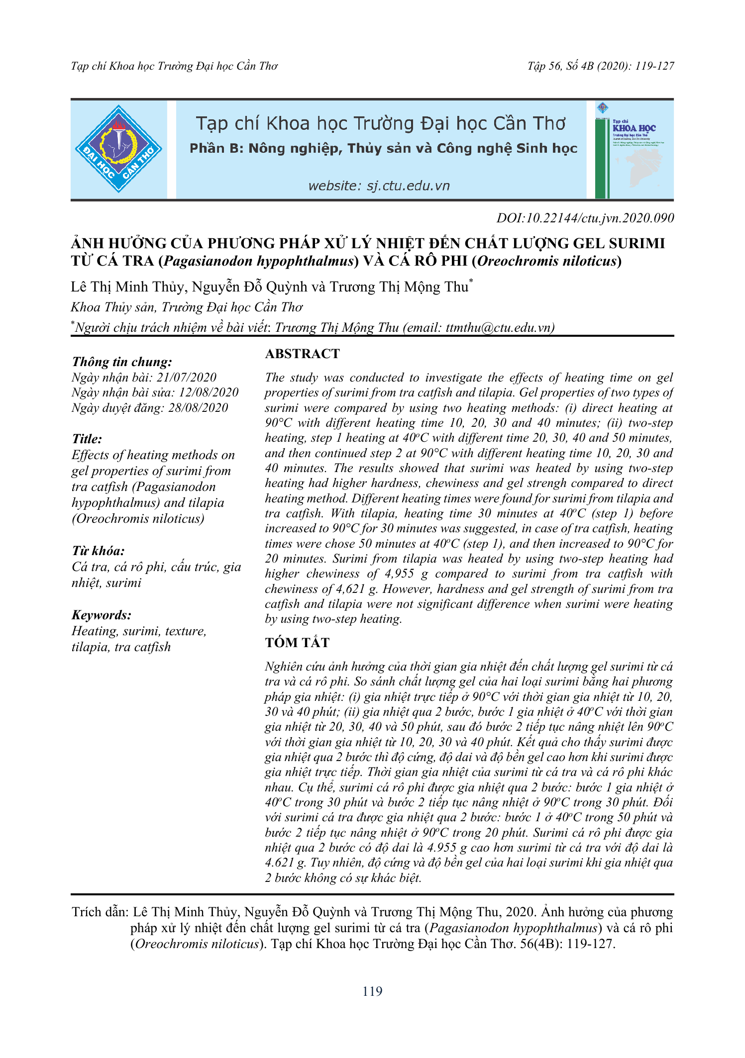 Ảnh hưởng của phương pháp xử lý nhiệt đến chất lượng gel surimi từ cá tra (Pangasianodon hypophthalmus) và cá rô phi (Oreochromis niloticus)