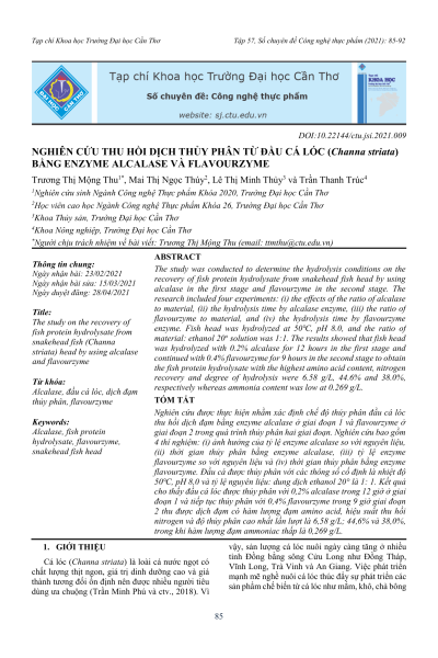 Nghiên cứu thu hồi dịch thủy phân từ đầu cá lóc (Channa striata) bằng enzyme alcalase và flavourzyme