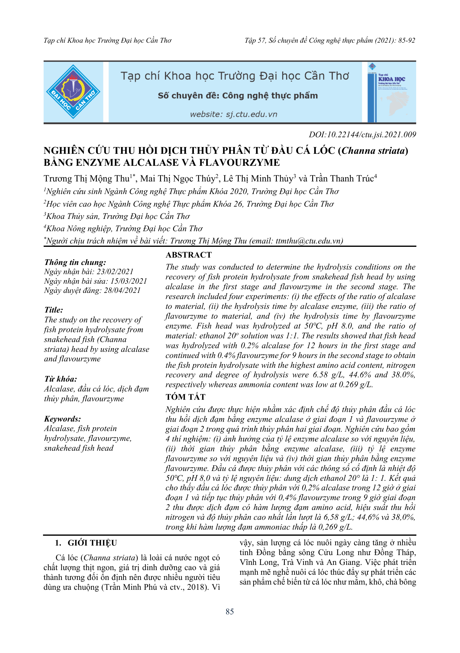 Nghiên cứu thu hồi dịch thủy phân từ đầu cá lóc (Channa striata) bằng enzyme alcalase và flavourzyme