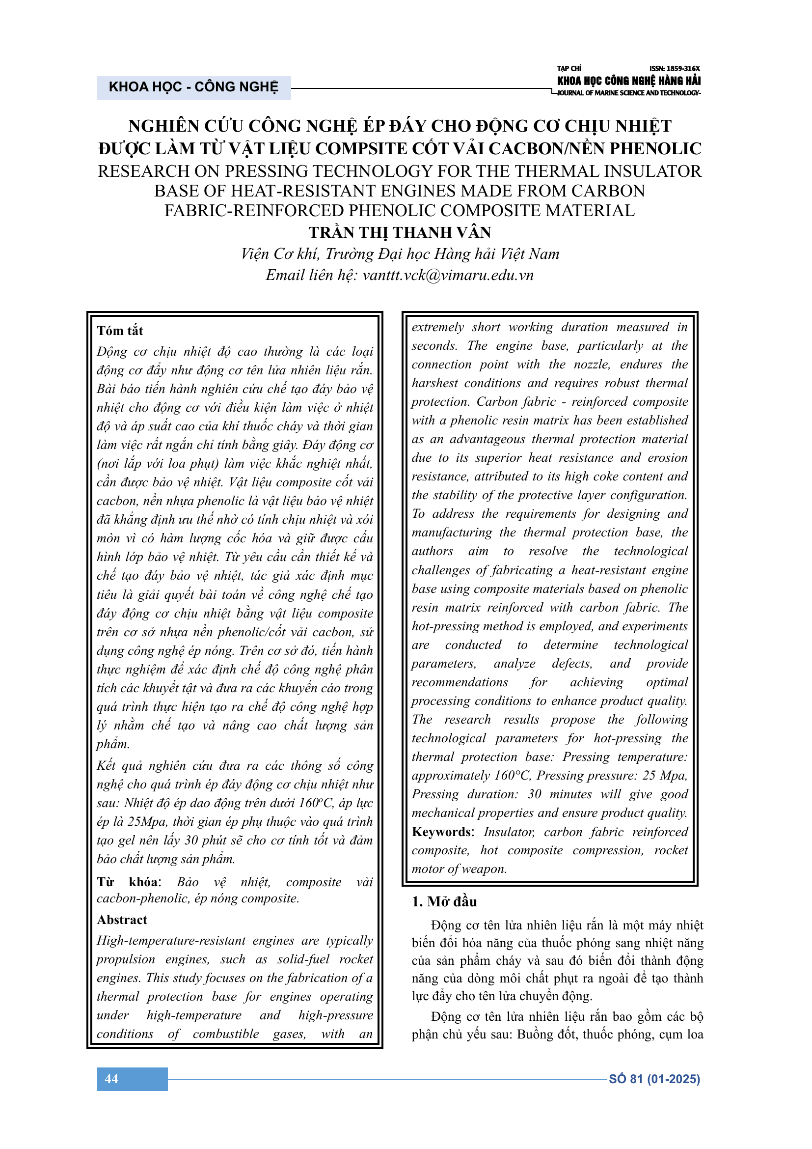 Nghiên cứu công nghệ ép đáy cho động cơ chịu nhiệt được làm từ vật liệu composite cốt vải carbon/nền phenolic