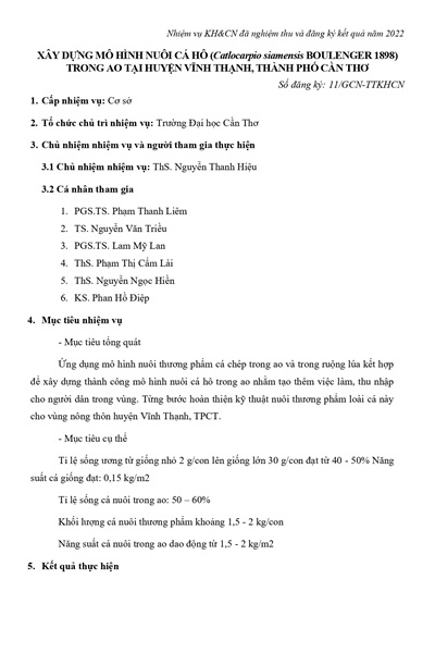 Xây dựng mô hình nuôi cá hô (Catlocarpio siamensis Boulenger 1898) trong ao tại huyện Vĩnh Thạnh, thành phố Cần Thơ (2022)