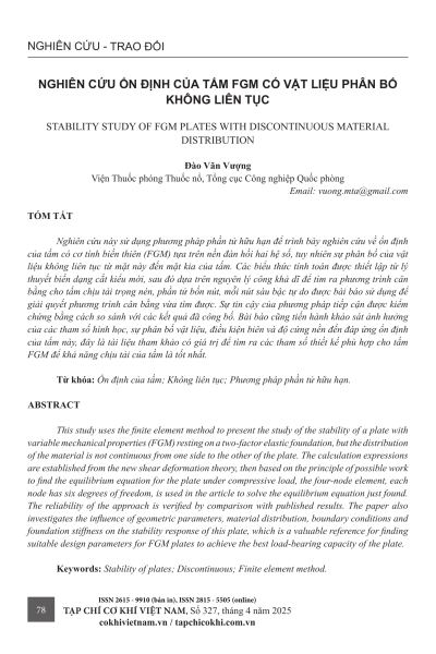 Nghiên cứu ổn định của tấm FGM có vật liệu phân bố không liên tục