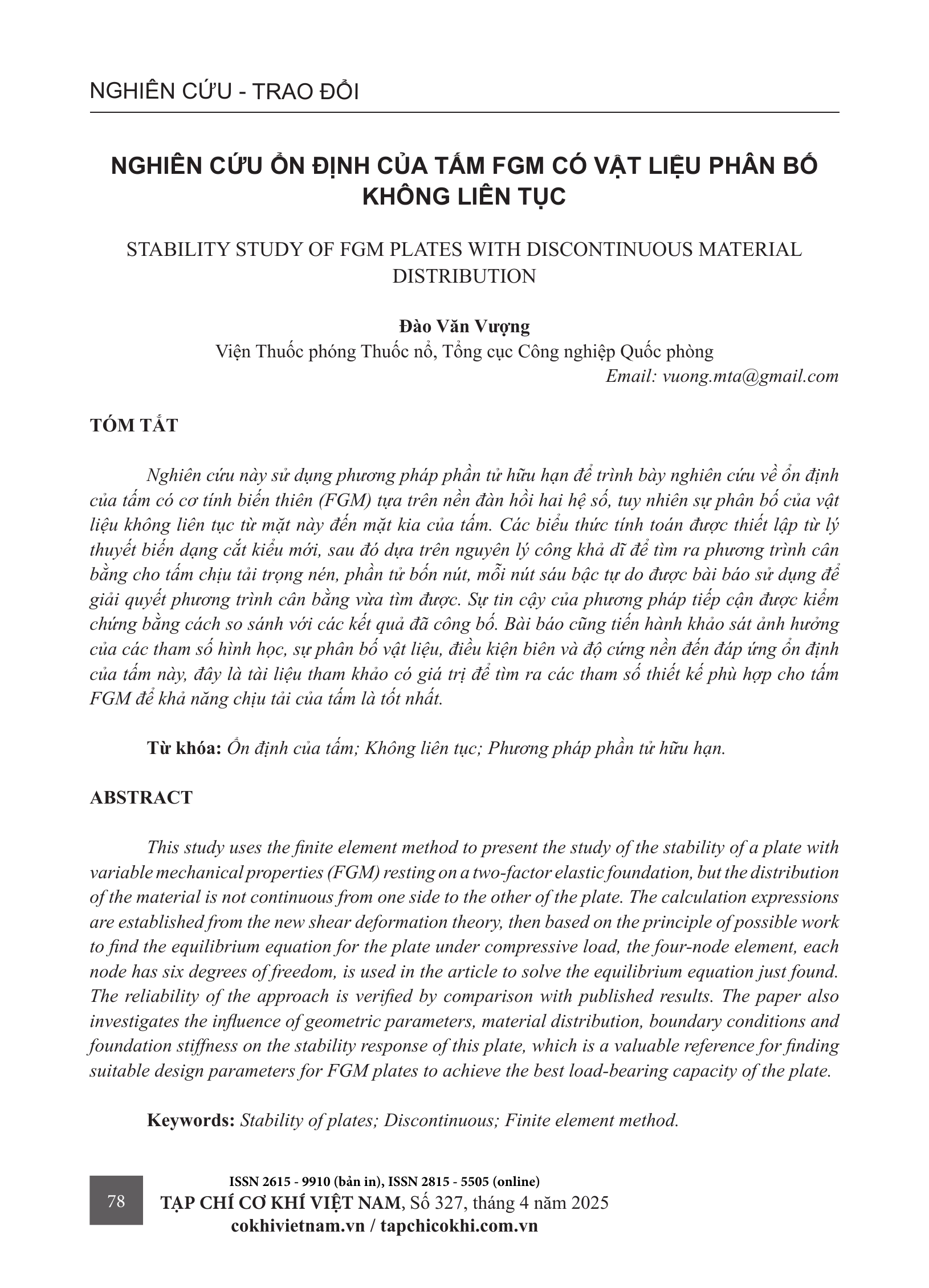 Nghiên cứu ổn định của tấm FGM có vật liệu phân bố không liên tục