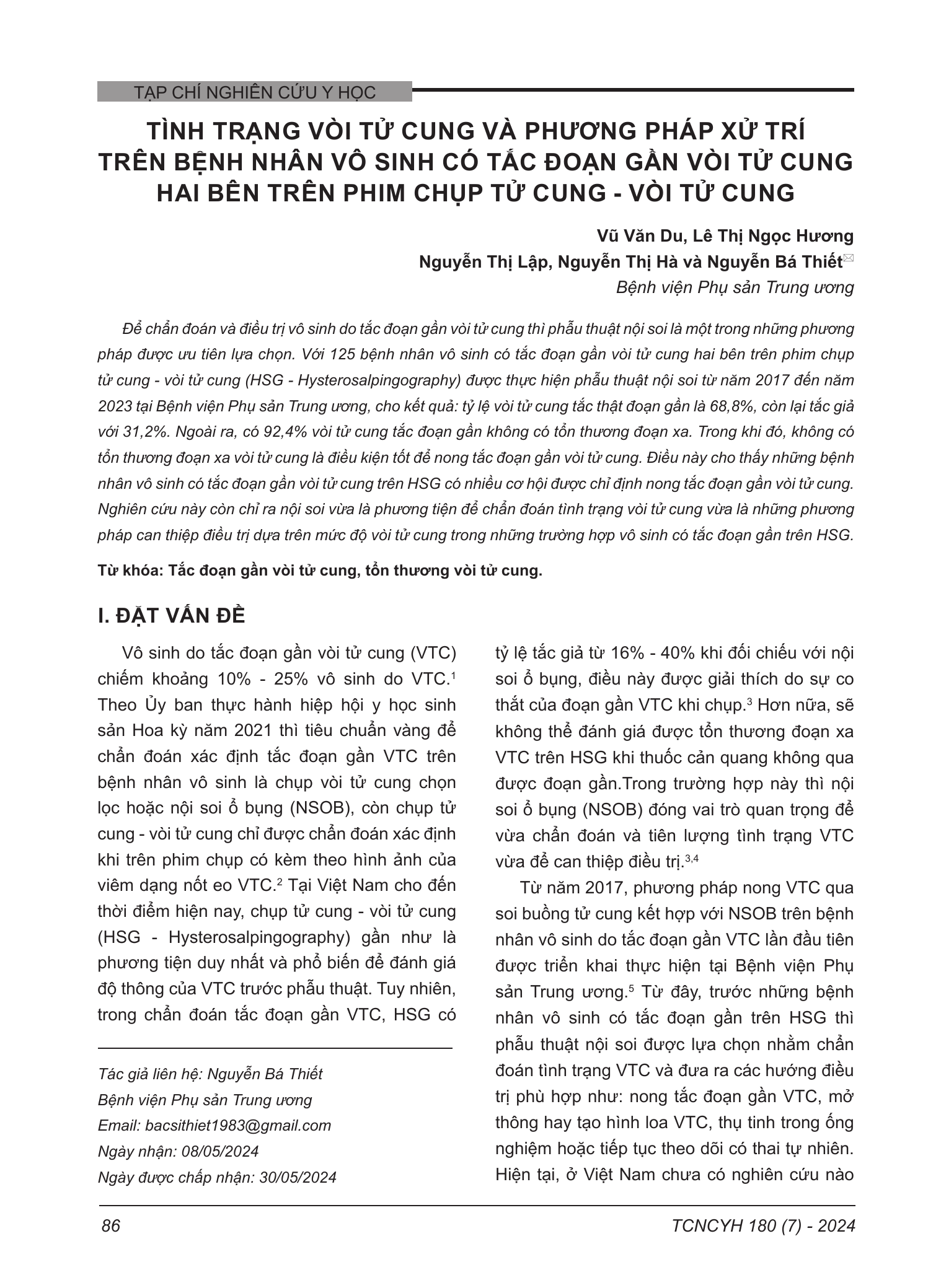 Tình trạng vòi tử cung và phương pháp xử trí trên bệnh nhân vô sinh có tắc đoạn gần vòi tử cung hai bên trên phim chụp tử cung - vòi tử cung