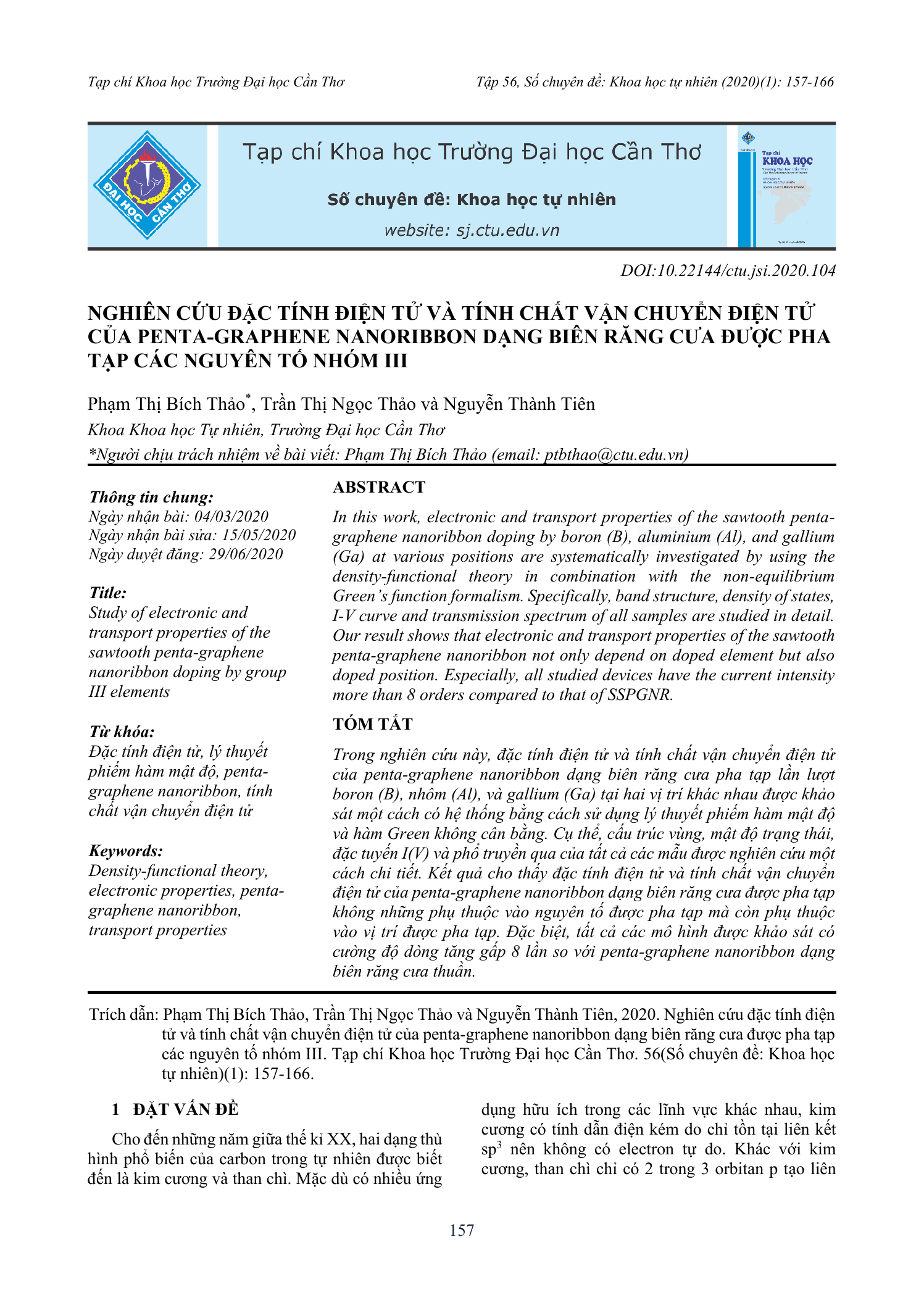 Nghiên cứu đặc tính điện tử và tính chất vận chuyển điện tử của penta-graphene nanoribbon dạng biên răng cưa được pha tạp các nguyên tố nhóm III