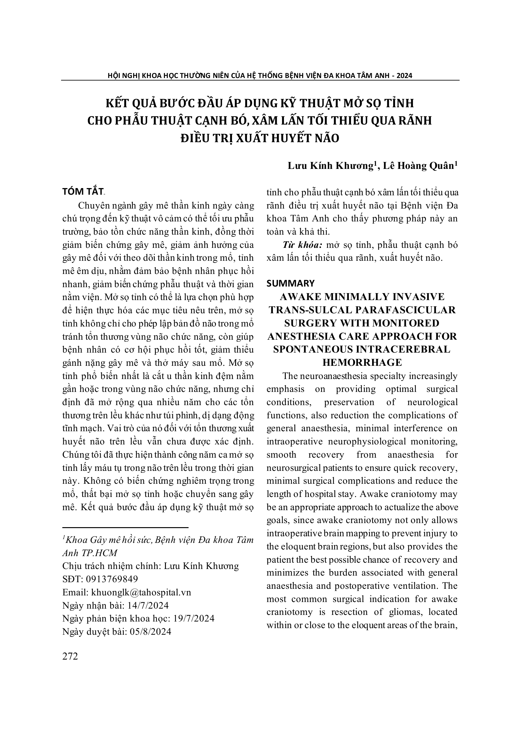 Kết quả bước đầu áp dụng kỹ thuật mở sọ tỉnh cho phẫu thuật cạnh bó, xâm lấn tối thiểu qua rãnh điều trị xuất huyết não