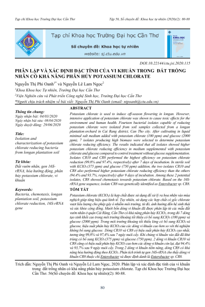 Phân lập và xác định đặc tính của vi khuẩn trong đất trồng nhãn có khả năng phân hủy potassium chlorate