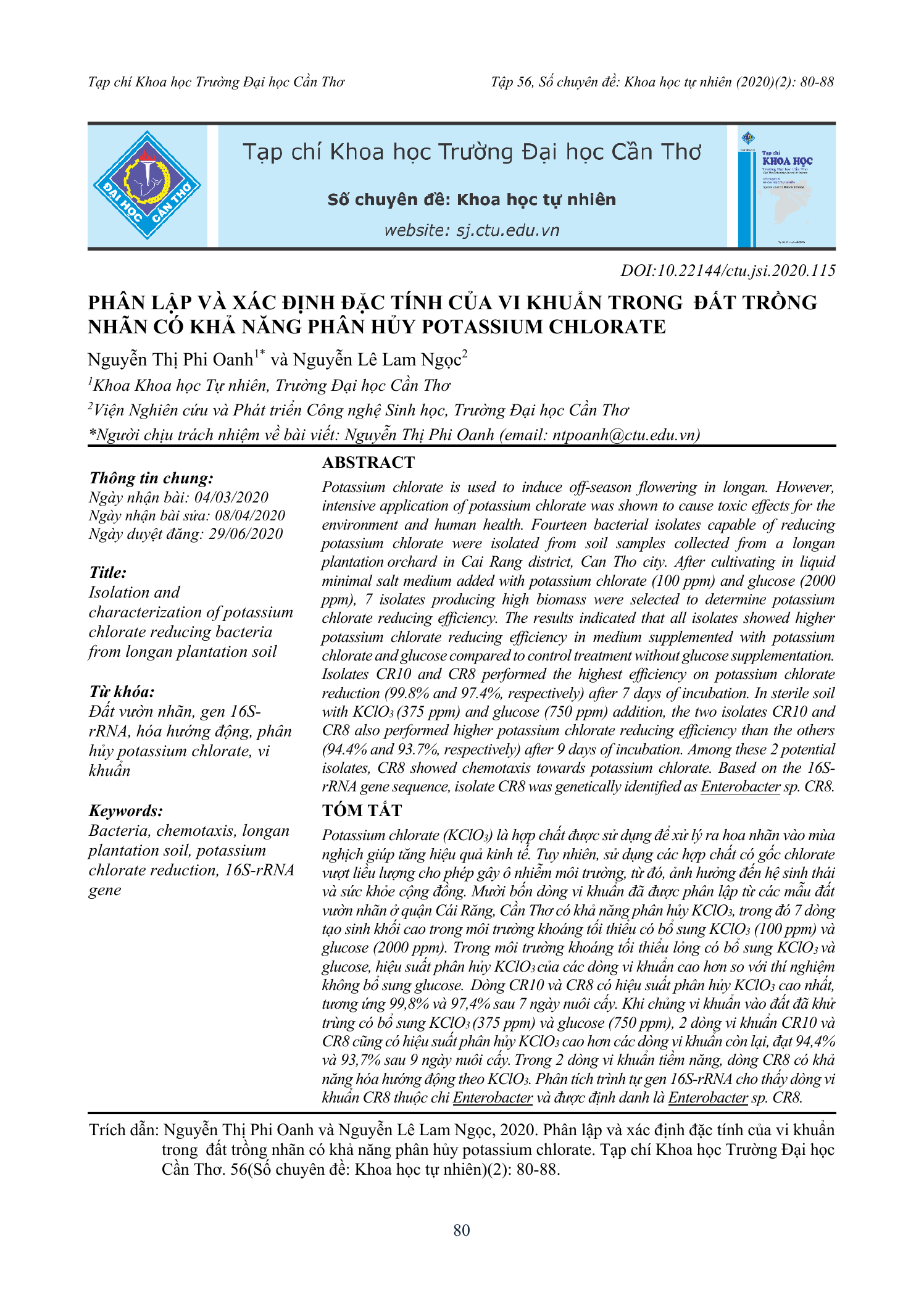 Phân lập và xác định đặc tính của vi khuẩn trong đất trồng nhãn có khả năng phân hủy potassium chlorate