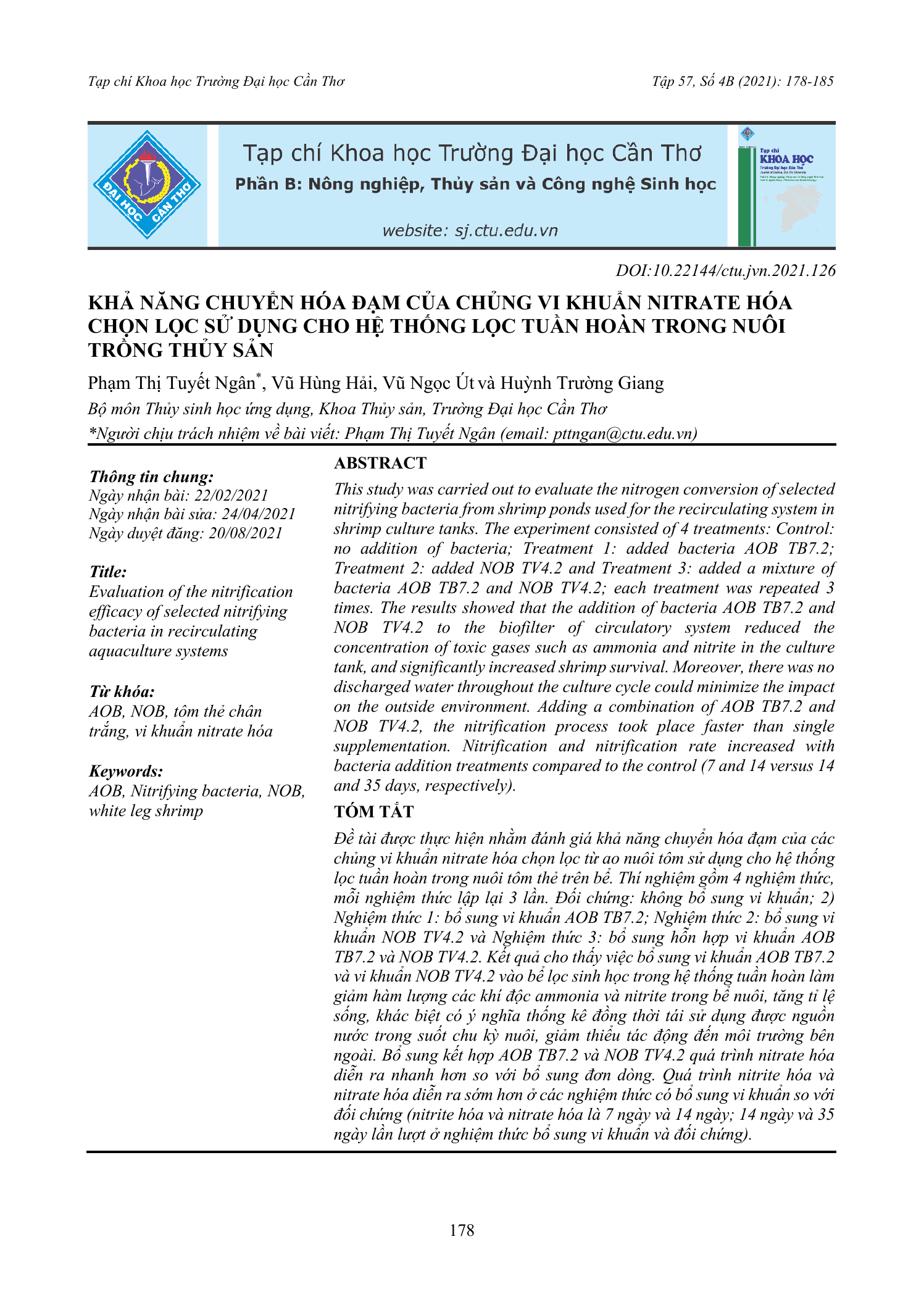 Khả năng chuyển hóa đạm của chủng vi khuẩn nitrate hóa chọn lọc sử dụng cho hệ thống lọc tuần hoàn trong nuôi trồng thủy sản