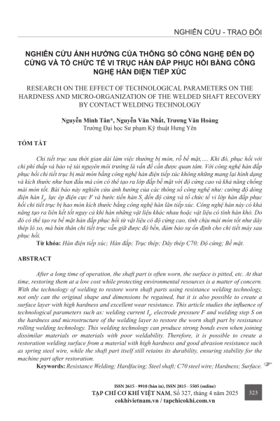 Nghiên cứu ảnh hưởng của thông số công nghệ đến độ cứng và tổ chức tế vi trục hàn đắp phục hồi bằng công nghệ hàn điện tiếp xúc