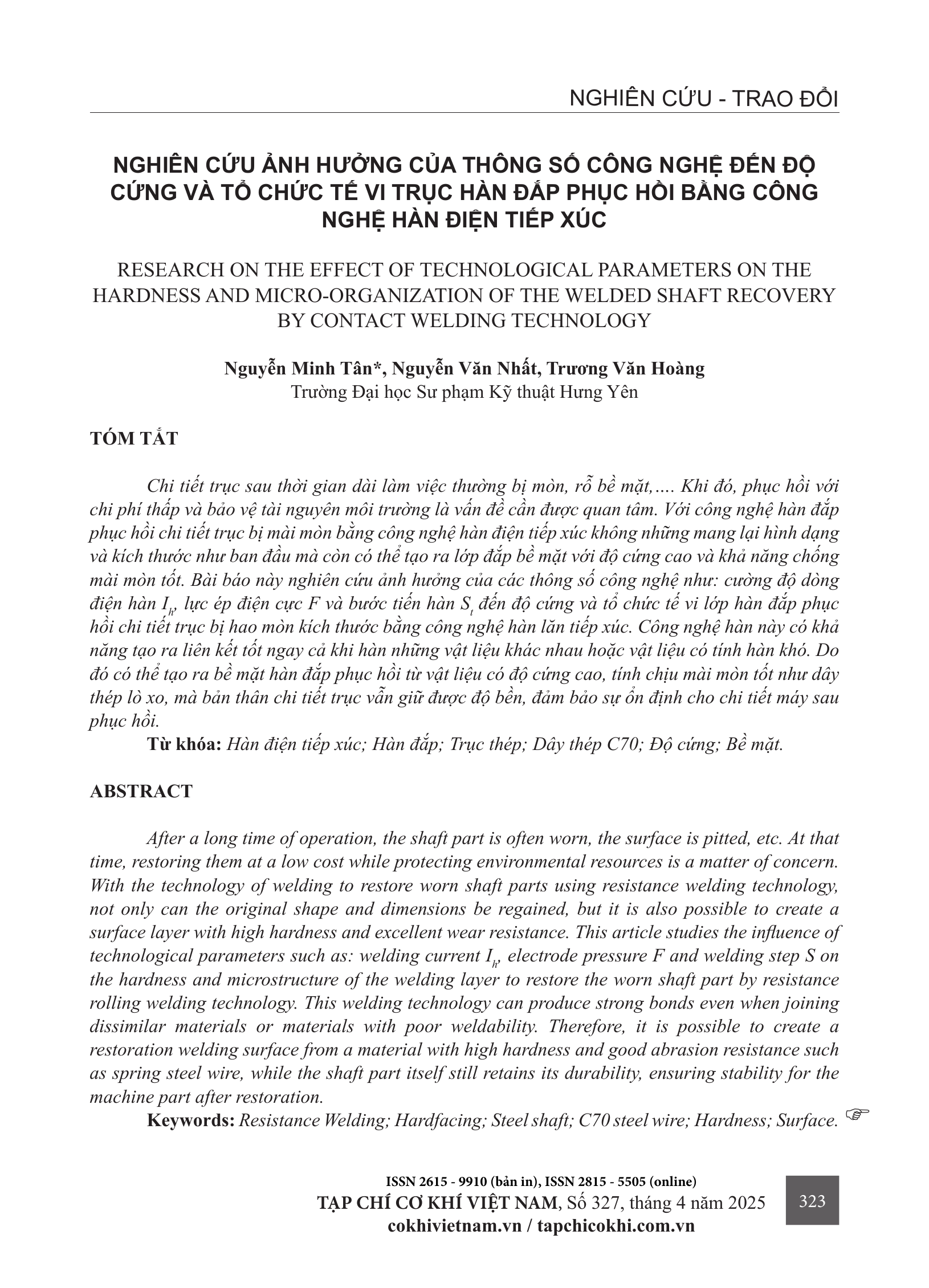 Nghiên cứu ảnh hưởng của thông số công nghệ đến độ cứng và tổ chức tế vi trục hàn đắp phục hồi bằng công nghệ hàn điện tiếp xúc