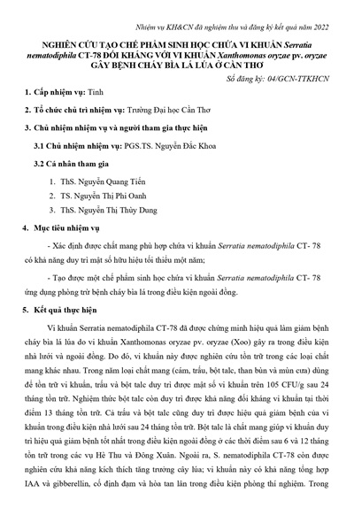 Nghiên cứu tạo chế phẩm sinh học chứa vi khuẩn Serratia nematodiphila CT-78 đối kháng với vi khuẩn Xanthomonas oryzae pv. oryzae gây bệnh cháy bìa lá lúa ở Cần Thơ (2022)