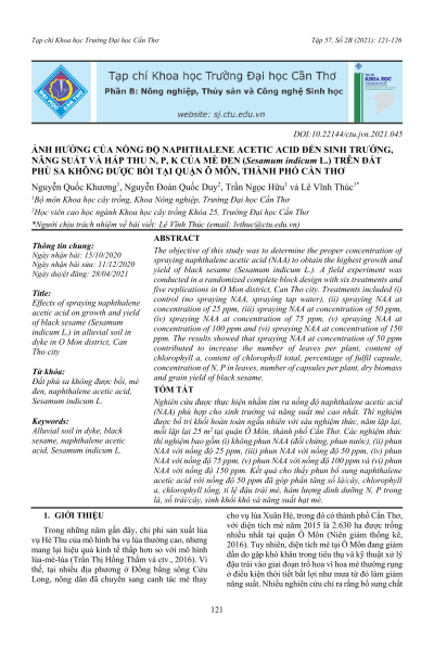 Ảnh hưởng của nồng độ naphthalene acetic acid đến sinh trưởng, năng suất và hấp thu N, P, K của mè đen (Sesamum indicum L.) trên đất phù sa không được bồi tại quận Ô Môn, thành phố Cần Thơ