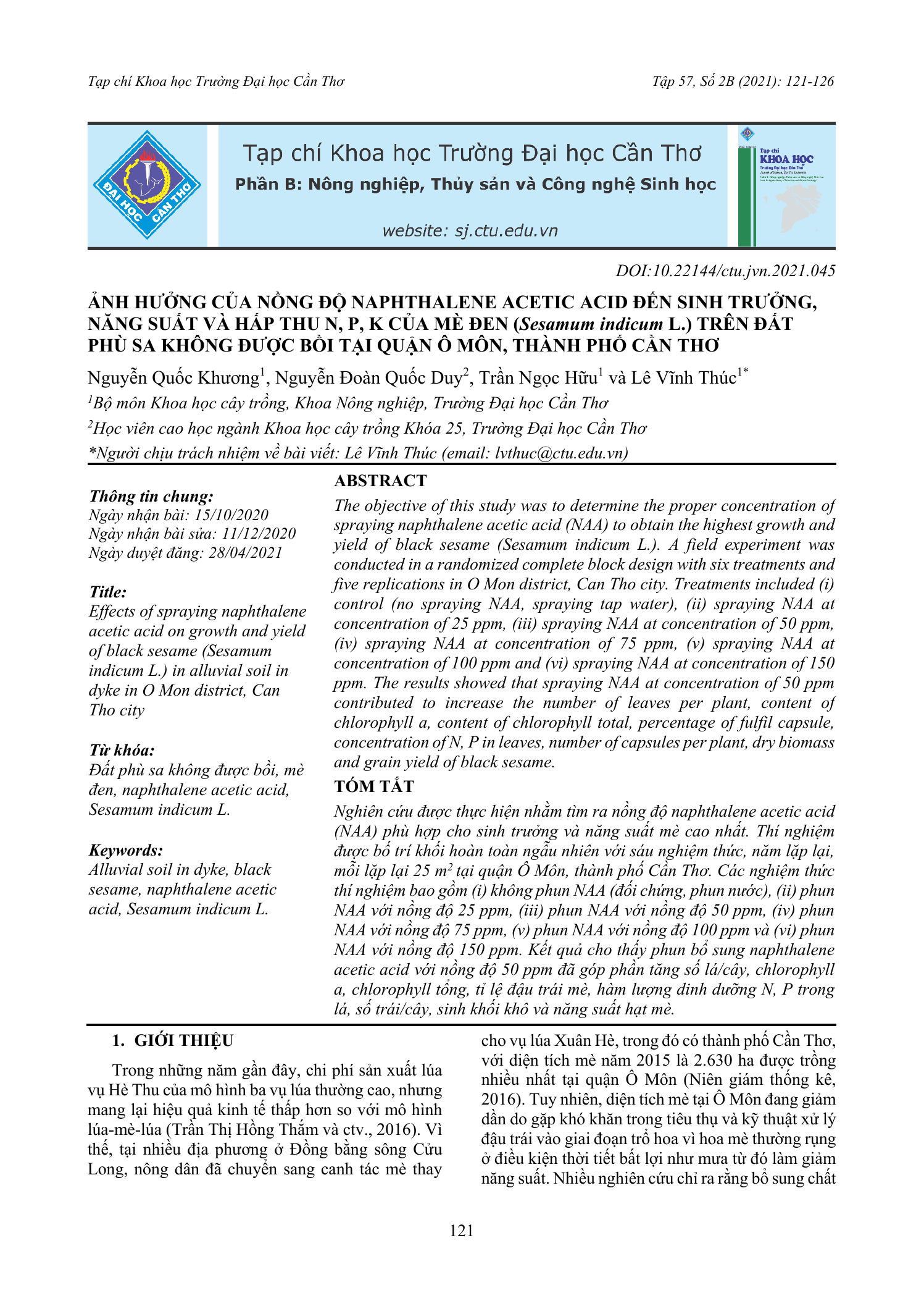 Ảnh hưởng của nồng độ naphthalene acetic acid đến sinh trưởng, năng suất và hấp thu N, P, K của mè đen (Sesamum indicum L.) trên đất phù sa không được bồi tại quận Ô Môn, thành phố Cần Thơ