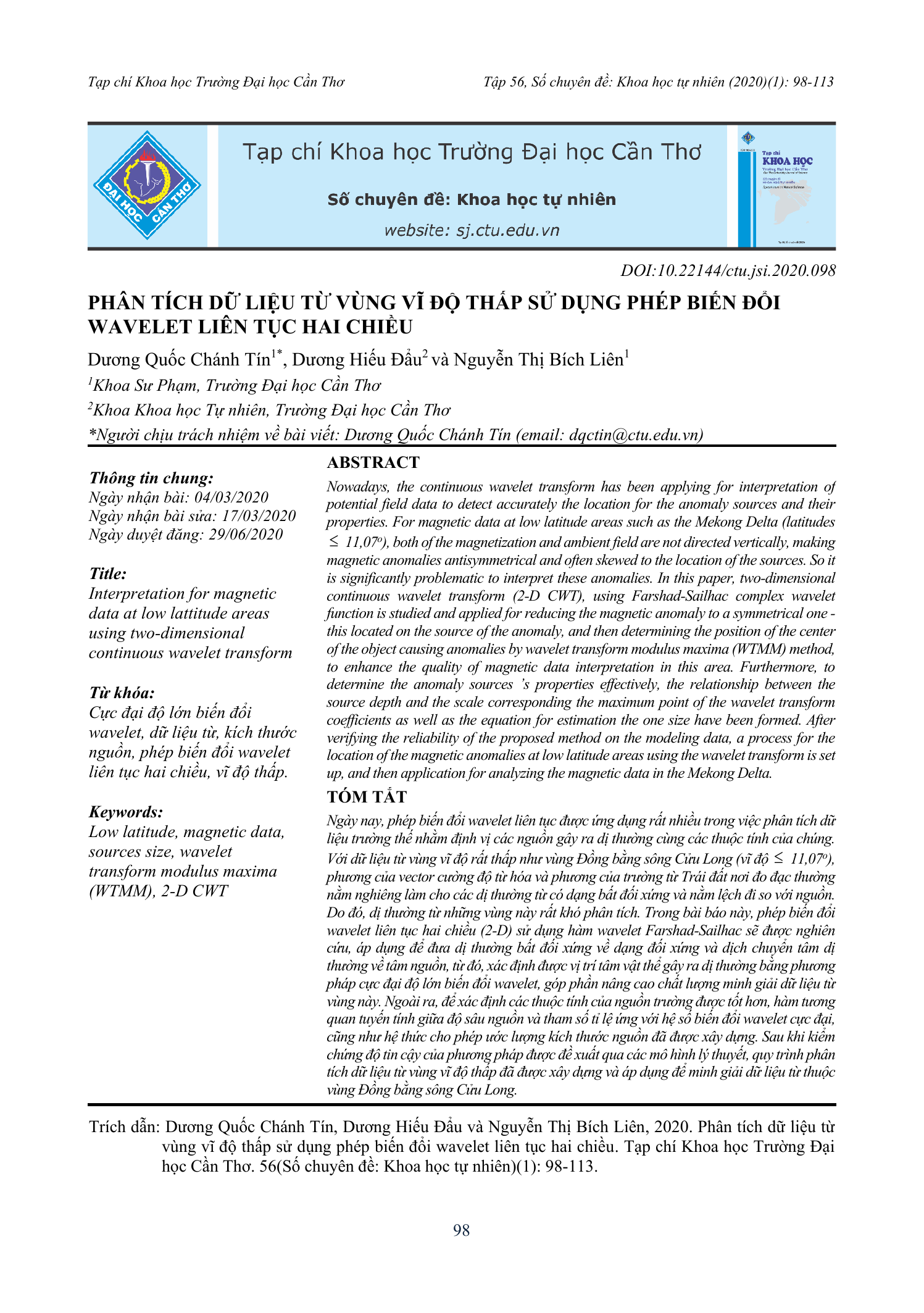Phân tích dữ liệu từ vùng vĩ độ thấp sử dụng phép biến đổi wavelet liên tục hai chiều